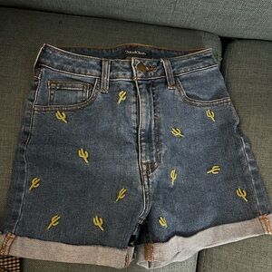ModCloth Blue Denim Shorts with Yellow Cactus Embroidery